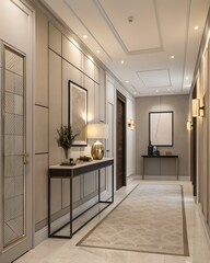 
High-end apartment foyer with a minimalist console table, soft lighting, and modern wall panels
