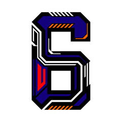 Futuristic and technological design of number 6. Suitable for racing and sport ornament
