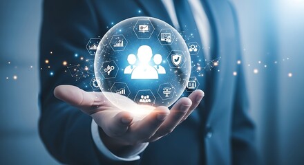 Person holding a glowing sphere with human resource and business icons in a network human resources