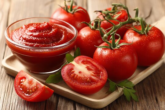Fresh red tomatoes with ketchup in glass bowl on wooden board, food photography - Powered by Adobe