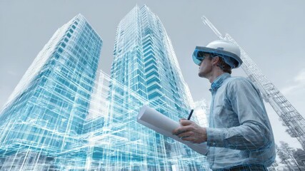 An engineer wearing a hard hat and futuristic AR glasses examines blueprints with holographic wireframe buildings in the background symbolizing modern construction planning - Powered by Adobe