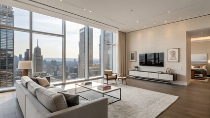 Urban apartment lounge area with floating media wall, smart lighting, and indoor plants