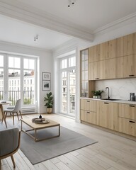 Scandinavian-inspired apartment design with light wood finishes, white walls, and modern furniture