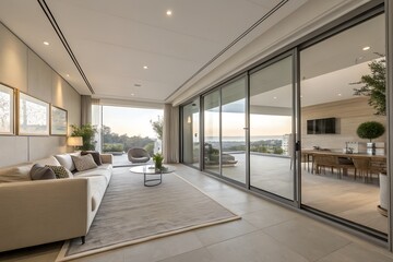 Spacious apartment interior with sliding glass partitions, neutral palette, and minimal accessories





