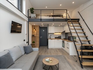 Studio apartment with sleeping loft, modern stairs, and sleek compact kitchen underneath 