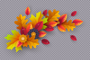 Colorful autumn leaves and flowers on transparent background. Festive seasonal border for fall themes, Thanksgiving promotions or nature design. Vector illustration.