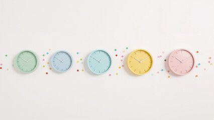 Five Pastel Colored Round Clocks Arranged in a Straight Line with Confetti time colors