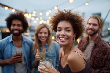 Group of diverse friends enjoying a rooftop party with drinks and festive string lights in the evening