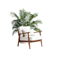 Fototapeta premium White armchair with wooden frame, lush palm plant