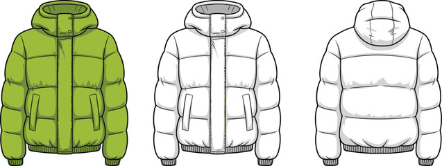 Vector technical sketch of padded puffer jacket with hood, front and back views, winter outerwear fashion template design, insulated warm coat illustration for apparel