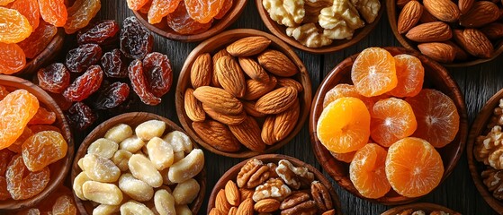 Obraz premium Ecology Wellness Unprocessed Colorful assortment of dried fruits and nuts in bowls on a wooden surface.
