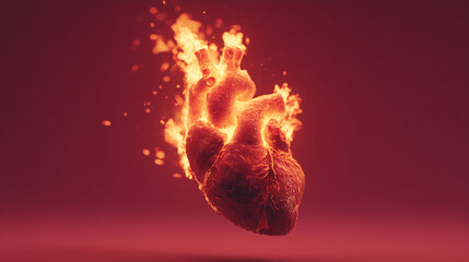 burning human heart in fire, in a dramatic surreal style — perfect for book covers, emotional art projects, and mental health awareness campaigns
