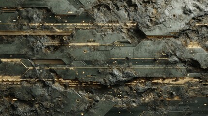 Futuristic Battle-Worn Texture Ideal for Army-Themed Visuals and Graphic Designs Featuring Green Tones and Metallic Accents