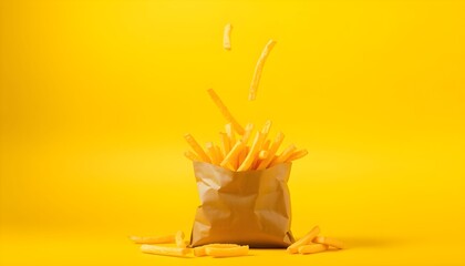 Golden french fries levitating above a brown paper bag against a vibrant yellow backdrop.