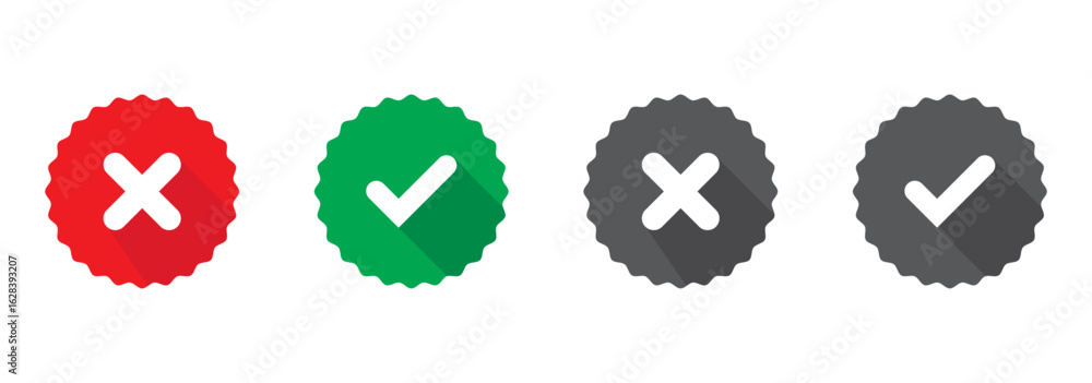 Poster right or wrong icons. green tick and red cross checkmarks in circle flat icons. yes or no symbol, ap