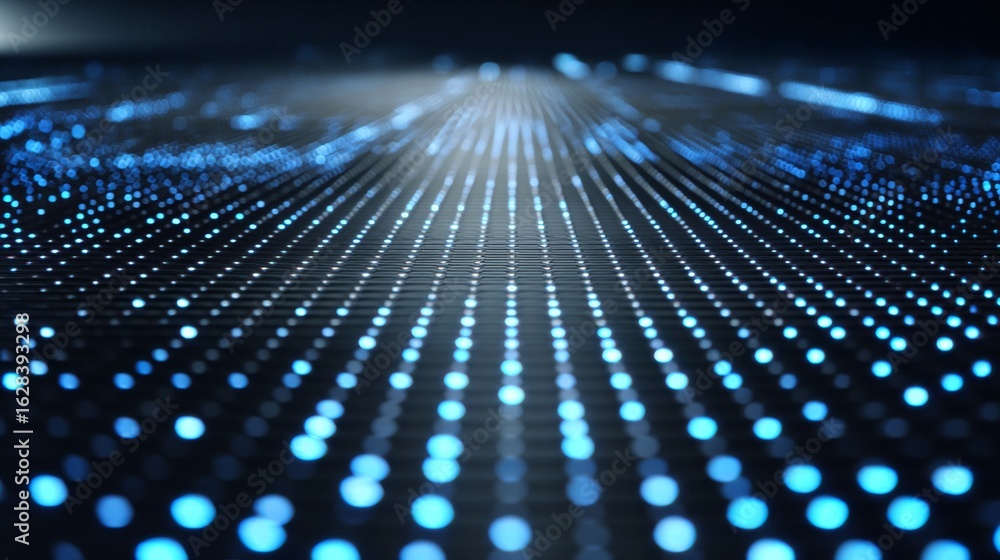 Aufkleber futuristic neon grid with fading blue light points creating a depth illusion in a digital landscape