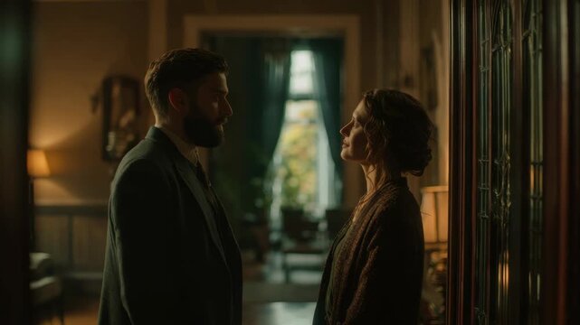 A man and a woman stand facing each other in a dimly lit elegantly furnished hallway engaged in a serious and intimate conversation