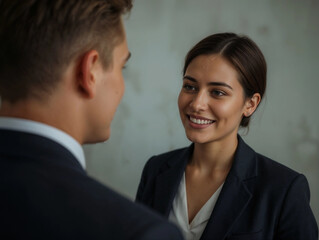 A smiling businesswoman in a suit looks at a man during a meeting.