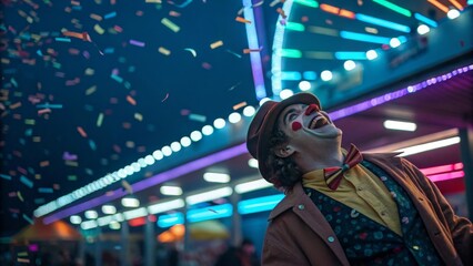 Fototapeta premium Laughing Clown with Confetti under Carnival Lights