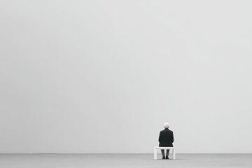 Minimalist scene featuring solitary figure seated in stark, empt