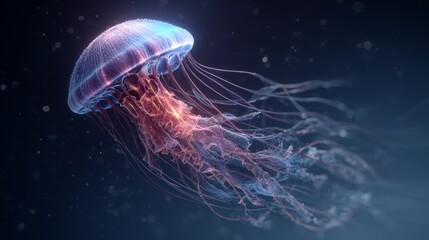 Ethereal Glow of a Jellyfish Swimming Among Digital Particles in a Deep Ocean Environment
