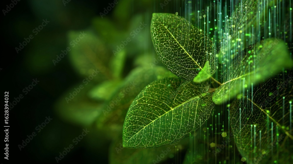 Aufkleber lush green leaves merging with digital data flow in a futuristic style for nature and technology con