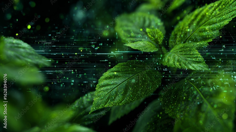 Poster lush green leaves merging with digital data flow in a futuristic abstract concept