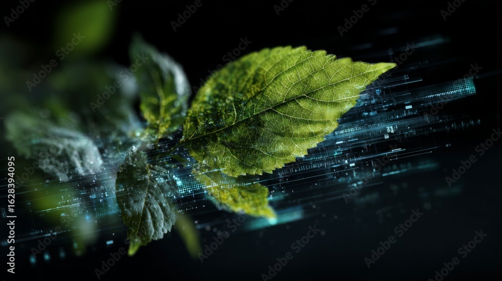 Poster green leaves merging with digital data flow for futuristic concepts and innovations in nature and te