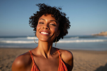 Happy young woman smiling with curly hair enjoying a sunny day at the beach with ocean waves in the background