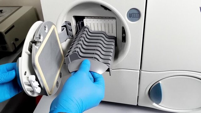 Medical laboratory scientist working with automated microbial culture machine for the detection of Minimum Inhibitory Concentration (MIC) of antimicrobial agent against microorganism.
