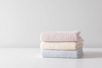 Soft, neatly stacked towels in pastel colors against minimalist