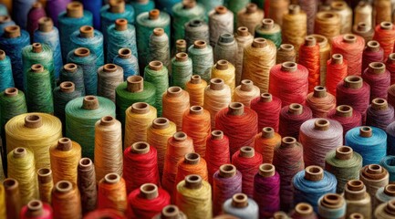 Close-up view of colorful spools of thread