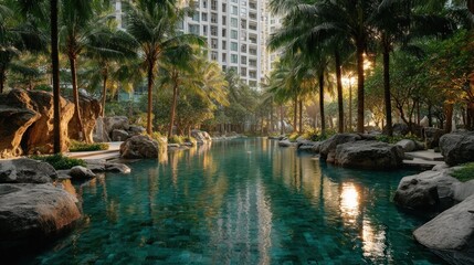 Tropical resort pool, sunlight filters through palm trees