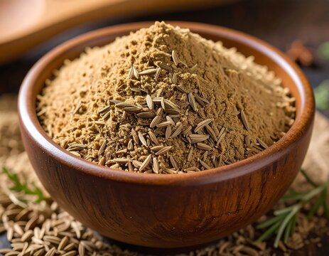 Wooden bowl filled with ground spice and whole seeds