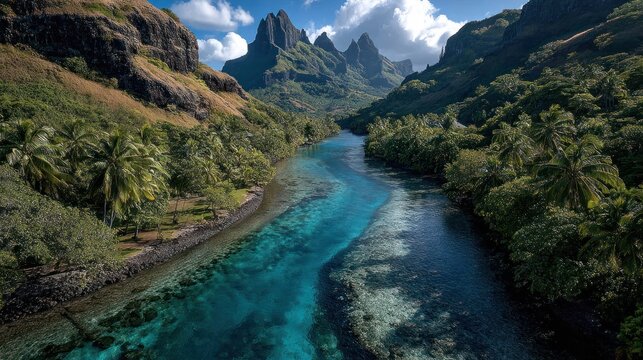 Turquoise river winding through lush tropical valley, dramatic mountains