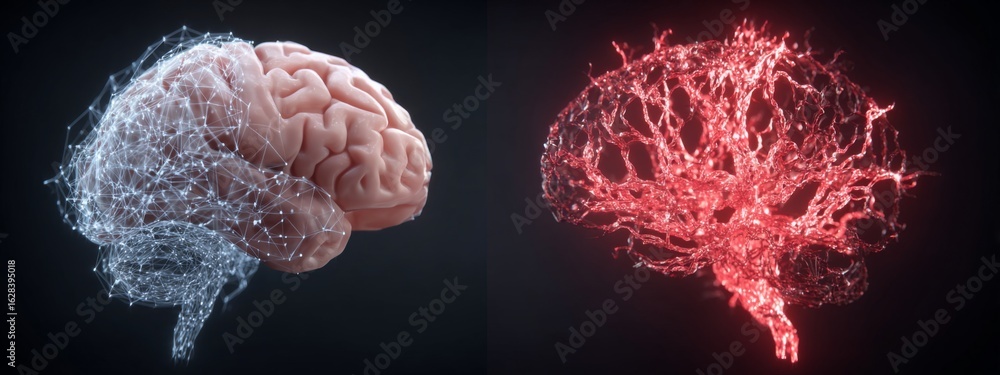 Poster 3d comparison of healthy brain and damaged brain visualizing stroke effects and neural connections