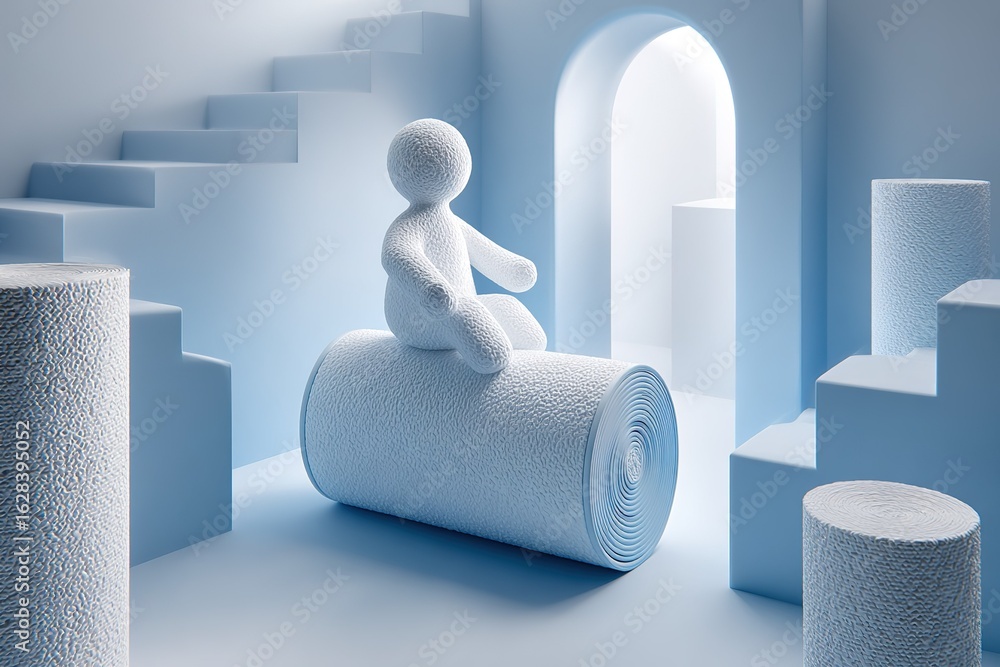 Poster creative architectural space with soft sculptures and abstract forms in a serene blue setting