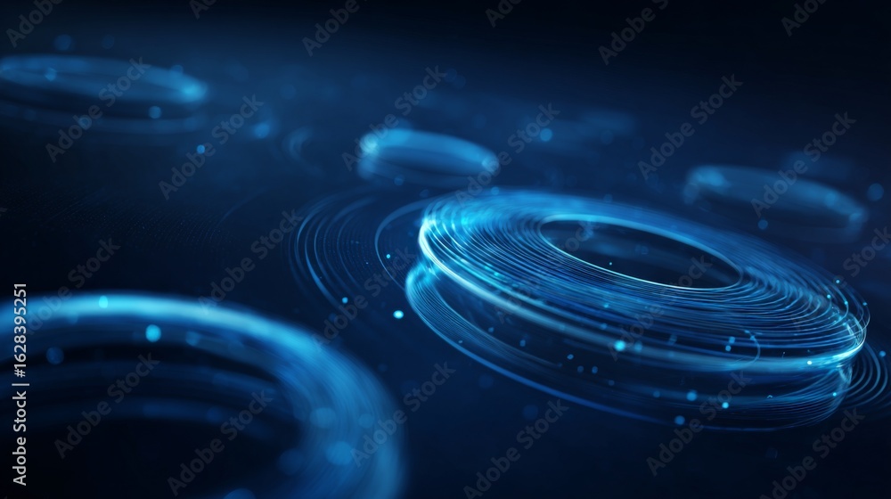 Poster futuristic holographic interface with floating elements in deep blue background