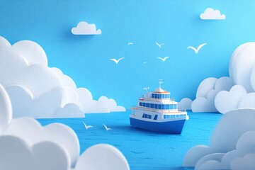Plakat Small boat cruising in a bright blue sea with fluffy white clouds on a sunny day
