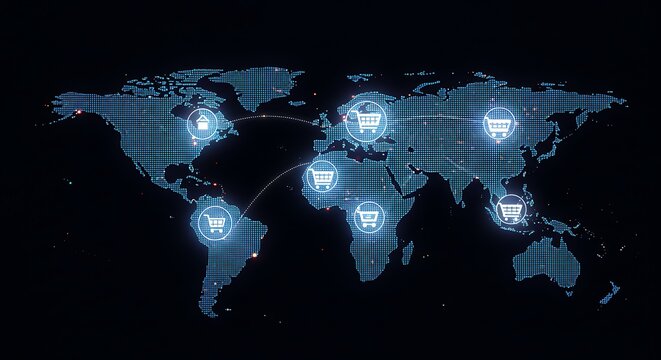A glowing world map is overlaid with shopping cart icons and dotted lines, symbolizing a connected global e-commerce network and international online retail.