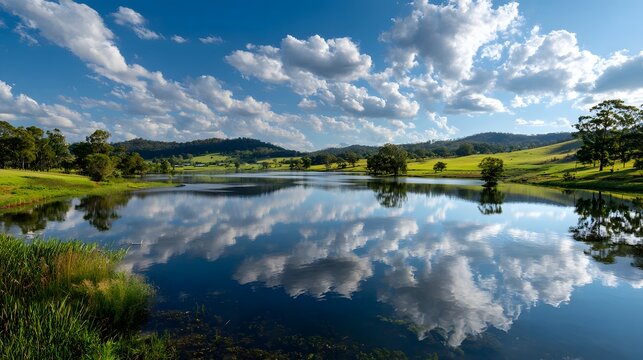 Serene lake reflecting dramatic clouds and rolling hills