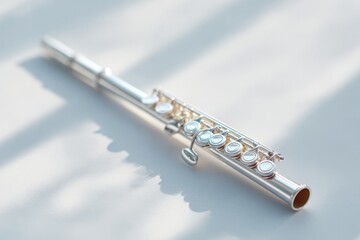 Fototapeta premium Shiny flute rests elegantly on light surface, casting soft shado