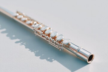Fototapeta premium Shiny flute rests on smooth surface, reflecting light and showca