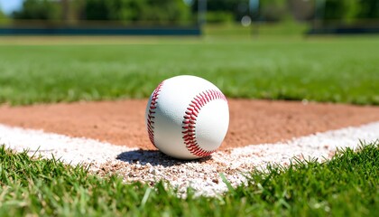 Hyper-realistic, ground-level close-up of a new white baseball resting on the corner of home plate on a sunny field.