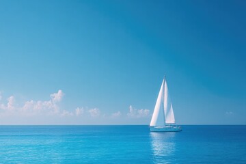 Obraz premium Sailboat gliding across serene blue waters under bright sky and
