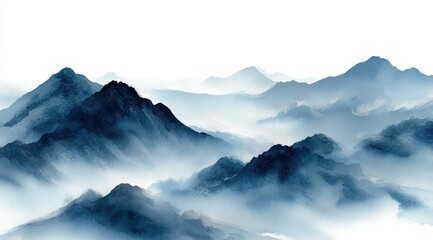 Misty mountain range, painted in blue and gray tones