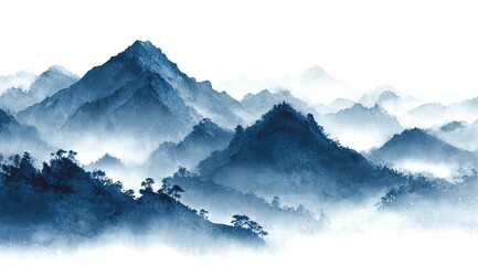 Misty mountain range, painted in shades of blue and gray. Distant peaks fade into a hazy, ethereal atmosphere. Trees and brushstrokes suggest a dense forest clinging to the slopes