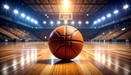 A basketball rests on the polished hardwood floor of a professional court, a low-angle shot in a brightly lit empty stadium.