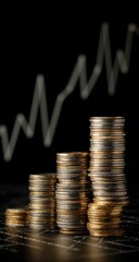 Four stacks of coins ascending, mimicking a rising graph in the background, suggesting financial growth or investment success