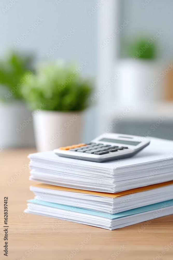 Poster stacks of papers with calculator on top create organized workspa